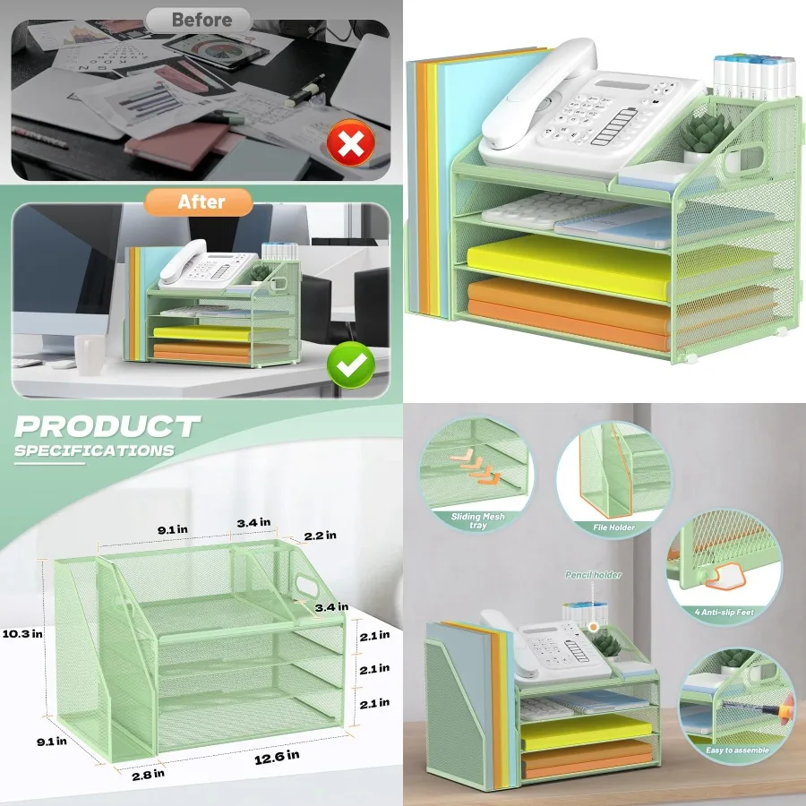 4-х уровневый бумажный лоток для писем, органайзер для файлов с сетчатым дизайном и ручкой для организации рабочего пространства, включает держатель для ручек и стоек.
4-х уровневый бумажный лоток для писем, органайзер для файлов с сетчатым дизайном и ручкой для организации рабочего пространства, включает держатель для ручек и стоек.