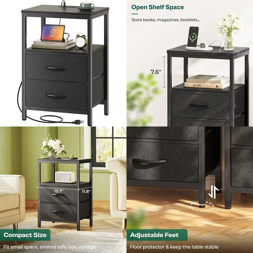 Black Bedroom Nightstand with Charging Station, Fabric Drawer Side Table, Open Shelf End Table, USB-C & Outlet Bedside Table
Black Bedroom Nightstand with Charging Station, Fabric Drawer Side Table, Open Shelf End Table, USB-C & Outlet Bedside Table