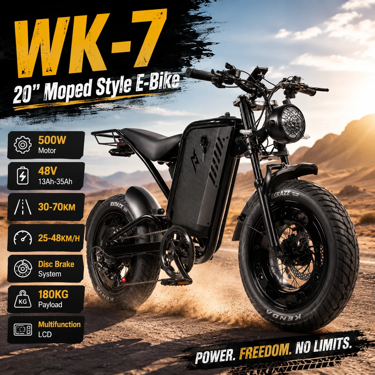 WK-7 Adult Electric Moped Bike 1000W DC Motor 48V 13Ah-35Ah Lithium Battery 20×4.0 Fat Tires 30-70KM Range Disc Brake NFC Unlock
WK-7 Adult Electric Moped Bike 1000W DC Motor 48V 13Ah-35Ah Lithium Battery 20×4.0 Fat Tires 30-70KM Range Disc Brake NFC Unlock
