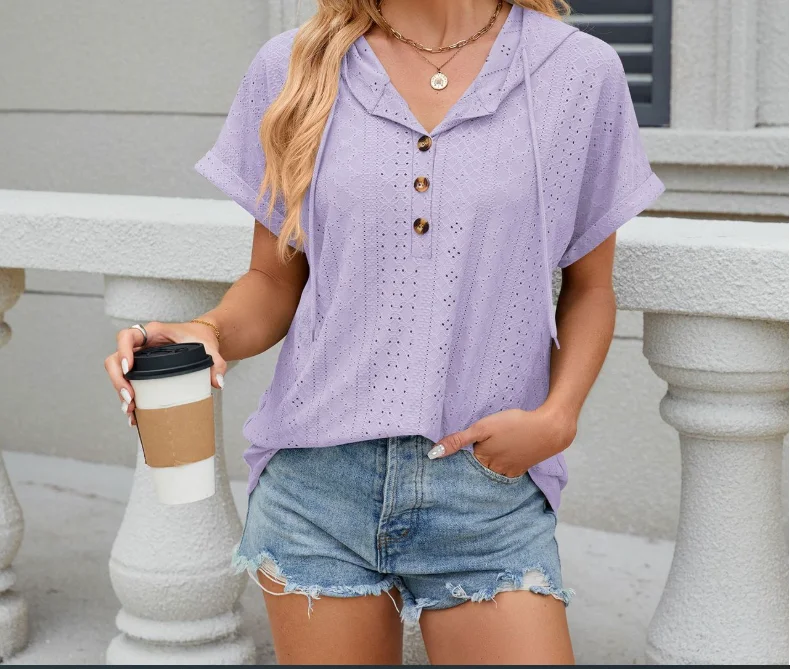 Solid Color Button Hooded Loose Short Sleeved T-Shirt Top for Women's Summer Elegant Solid Color Hollow Hooded T-Shirt Top
Solid Color Button Hooded Loose Short Sleeved T-Shirt Top for Women's Summer Elegant Solid Color Hollow Hooded T-Shirt Top