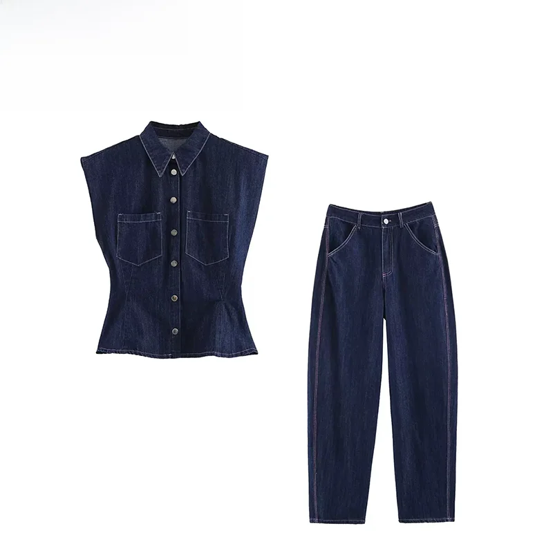 Fashionable ZR Summer New Women's Sleeveless Waist-Cinched Denim Shirt And Pants 770345 Long Pants European Style Set for Ladies
Fashionable ZR Summer New Women's Sleeveless Waist-Cinched Denim Shirt And Pants 770345 Long Pants European Style Set for Ladies