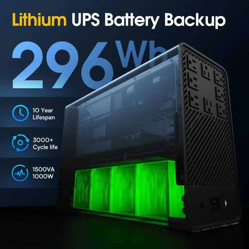 1500VA/1000W Lithium UPS Battery Backup and Surge Protector, Backup Battery Power Supply with LiFePO4 Batteries(296Wh), AVR, Lin
1500VA/1000W Lithium UPS Battery Backup and Surge Protector, Backup Battery Power Supply with LiFePO4 Batteries(296Wh), AVR, Lin
