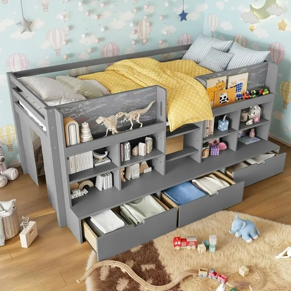 Gray Twin XL Low Loft Bed with Storage Drawers, Chalkboard, and Shelves for Kids
Gray Twin XL Low Loft Bed with Storage Drawers, Chalkboard, and Shelves for Kids