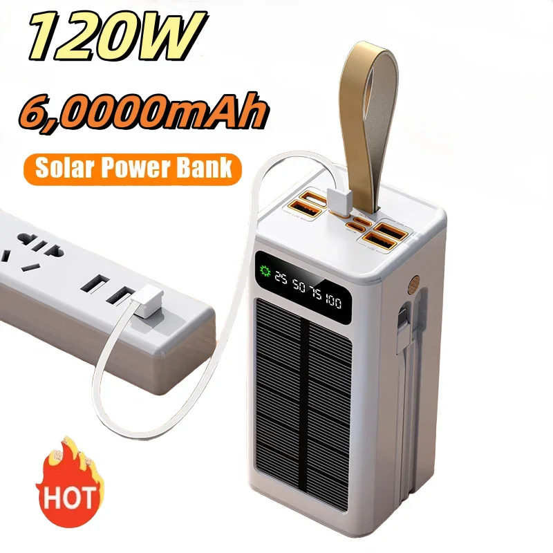 120W 60000mAh Thicken Solar Power Bank Big capacity Built-in Cables External Battery LED Light Power Bank for iPhone Lenovo
120W 60000mAh Thicken Solar Power Bank Big capacity Built-in Cables External Battery LED Light Power Bank for iPhone Lenovo