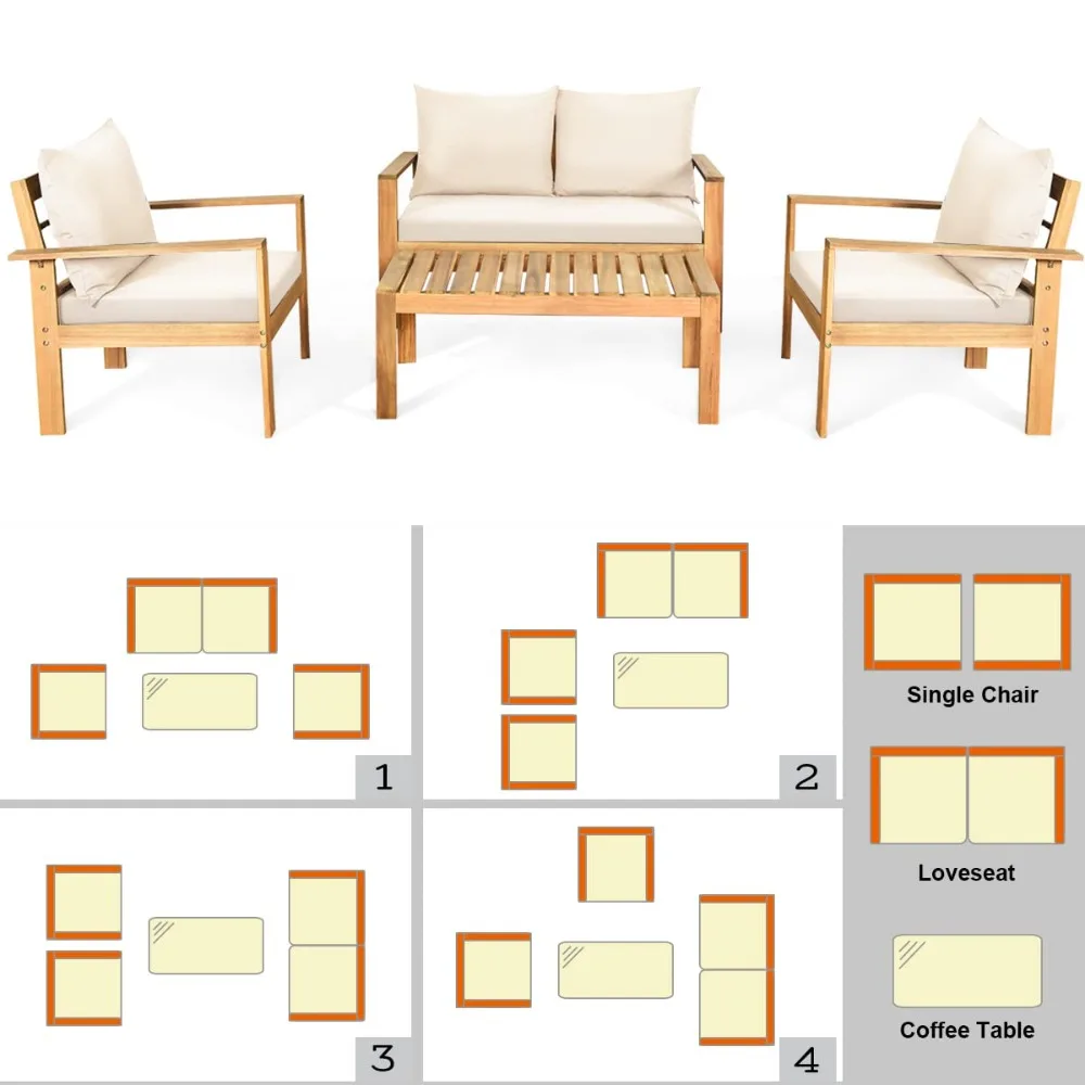 4 Piece Patio Furniture Set Outdoor Conversation Set Wood Sofa Table Set with Cushions, Acacia Wood Chairs & Coffee, Customized
4 Piece Patio Furniture Set Outdoor Conversation Set Wood Sofa Table Set with Cushions, Acacia Wood Chairs & Coffee, Customized