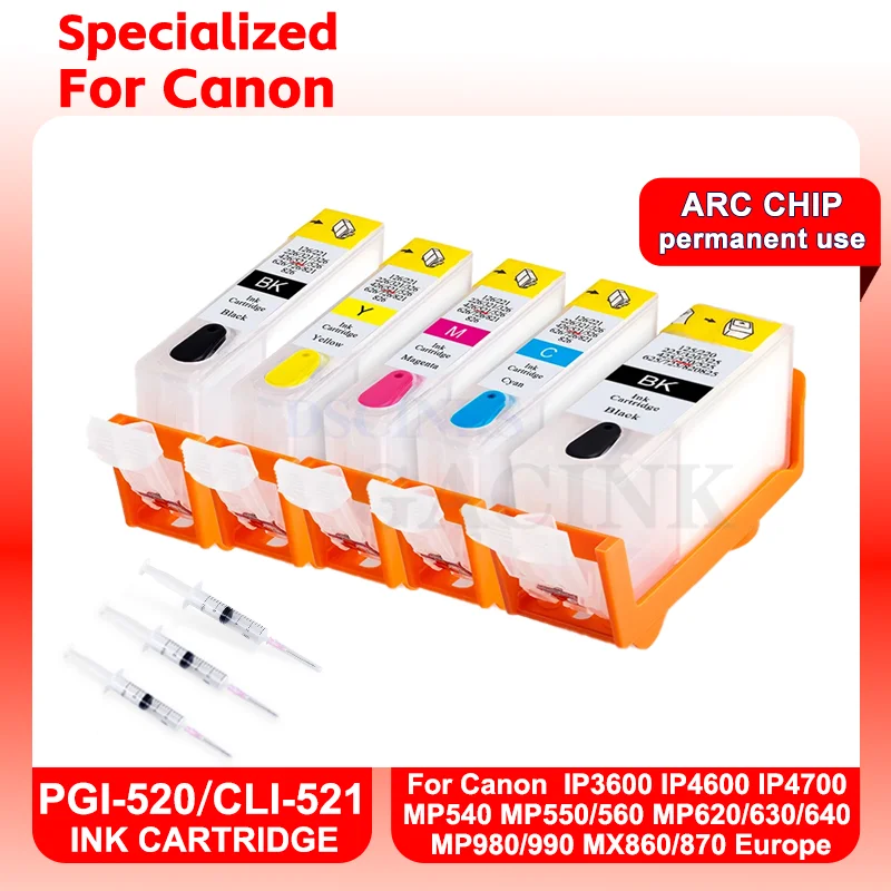 PGI-520 CLI-521 Refillable Ink Cartridge For Canon IP3600 IP4600 IP4700 MP540 MP550/560 MP620/630/640 MP980/990 MX860/870 Europe
PGI-520 CLI-521 Refillable Ink Cartridge For Canon IP3600 IP4600 IP4700 MP540 MP550/560 MP620/630/640 MP980/990 MX860/870 Europe