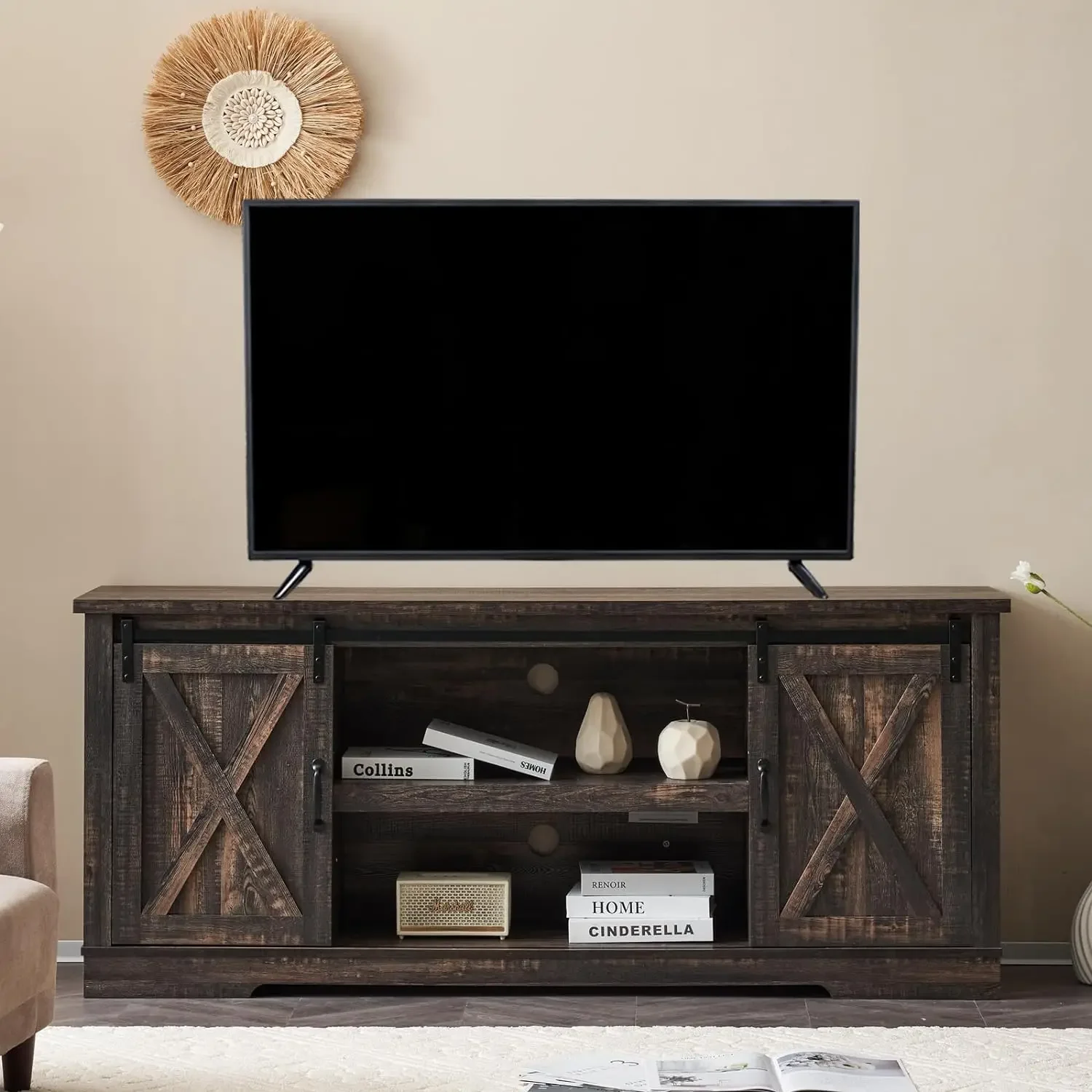 66" Farmhouse TV Stand for 75In TVs,Entertainment Center w/ Sliding Barn Door,Adjustable Shelf & Feet, Console Table w/ Storage
66" Farmhouse TV Stand for 75In TVs,Entertainment Center w/ Sliding Barn Door,Adjustable Shelf & Feet, Console Table w/ Storage