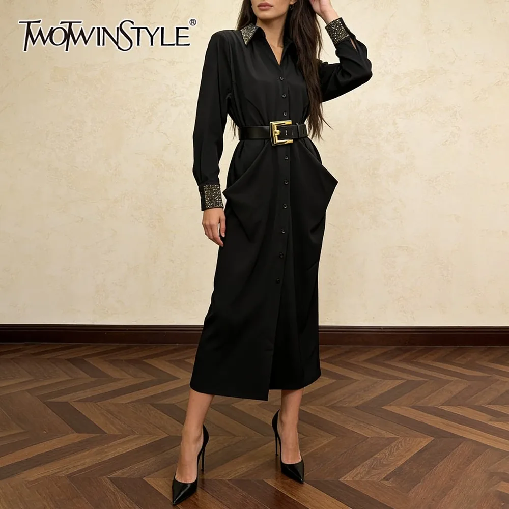 TWOTWINSTYLE Black Slimming Spliced Single Breasted Basics Dresses for Women Lapel Long Sleeves Patchwork Belt Dress Female New
TWOTWINSTYLE Black Slimming Spliced Single Breasted Basics Dresses for Women Lapel Long Sleeves Patchwork Belt Dress Female New