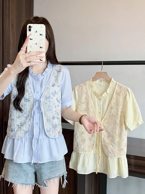 Sweet Overlap Short Sleeve Shirt Women's plus Size Summer New Style Slimming Ageless Versatile Top Korean Style Commute Fashion
Sweet Overlap Short Sleeve Shirt Women's plus Size Summer New Style Slimming Ageless Versatile Top Korean Style Commute Fashion