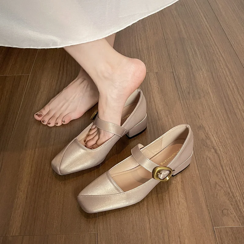 Silk square-toed women's shoes with shallow cut, chunky heel, French Mary Jane style, elegant and suitable for commuting
Silk square-toed women's shoes with shallow cut, chunky heel, French Mary Jane style, elegant and suitable for commuting