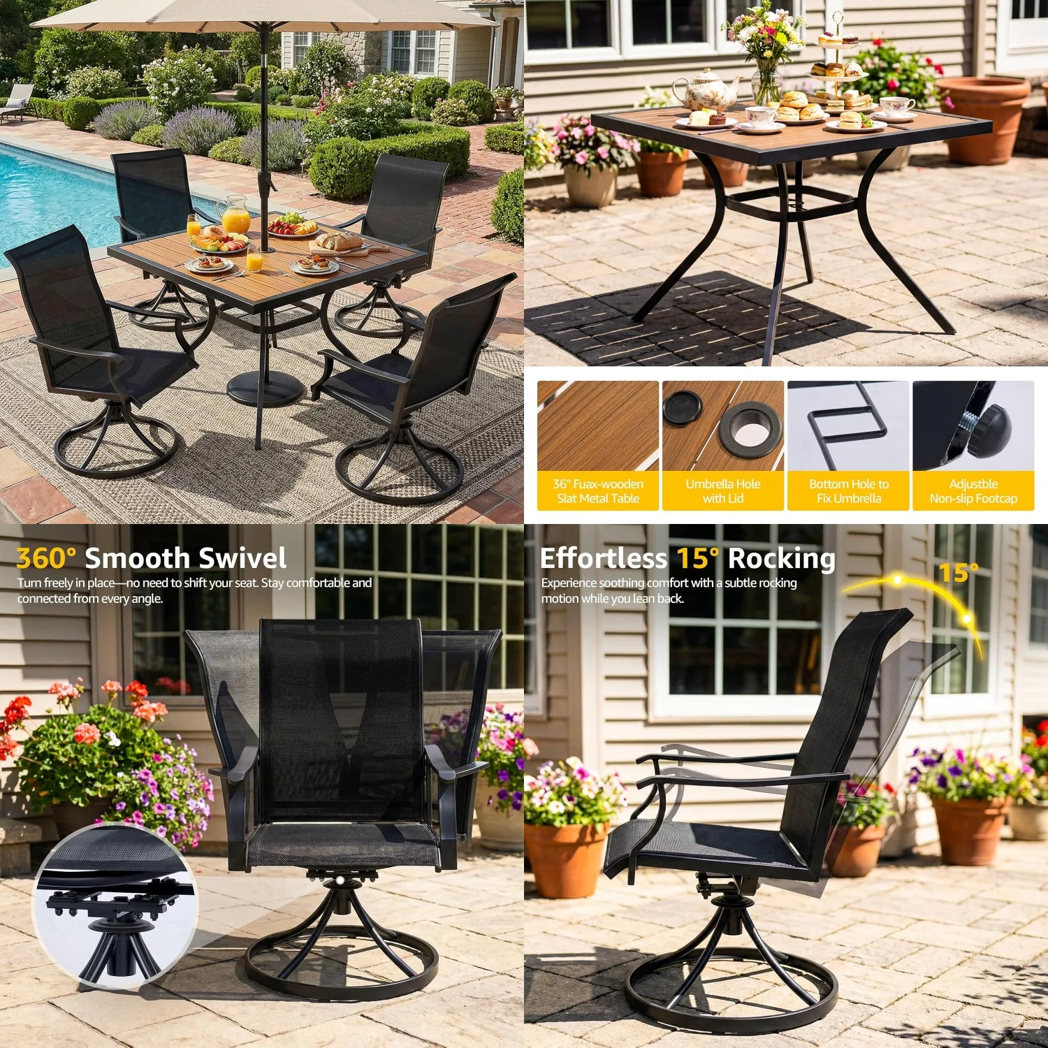 HDPE 5pc Patio Dining Set,Swivel Textilene Chairs & 36in Umbrella Table,Garden Outdoor Use,Customized
HDPE 5pc Patio Dining Set,Swivel Textilene Chairs & 36in Umbrella Table,Garden Outdoor Use,Customized