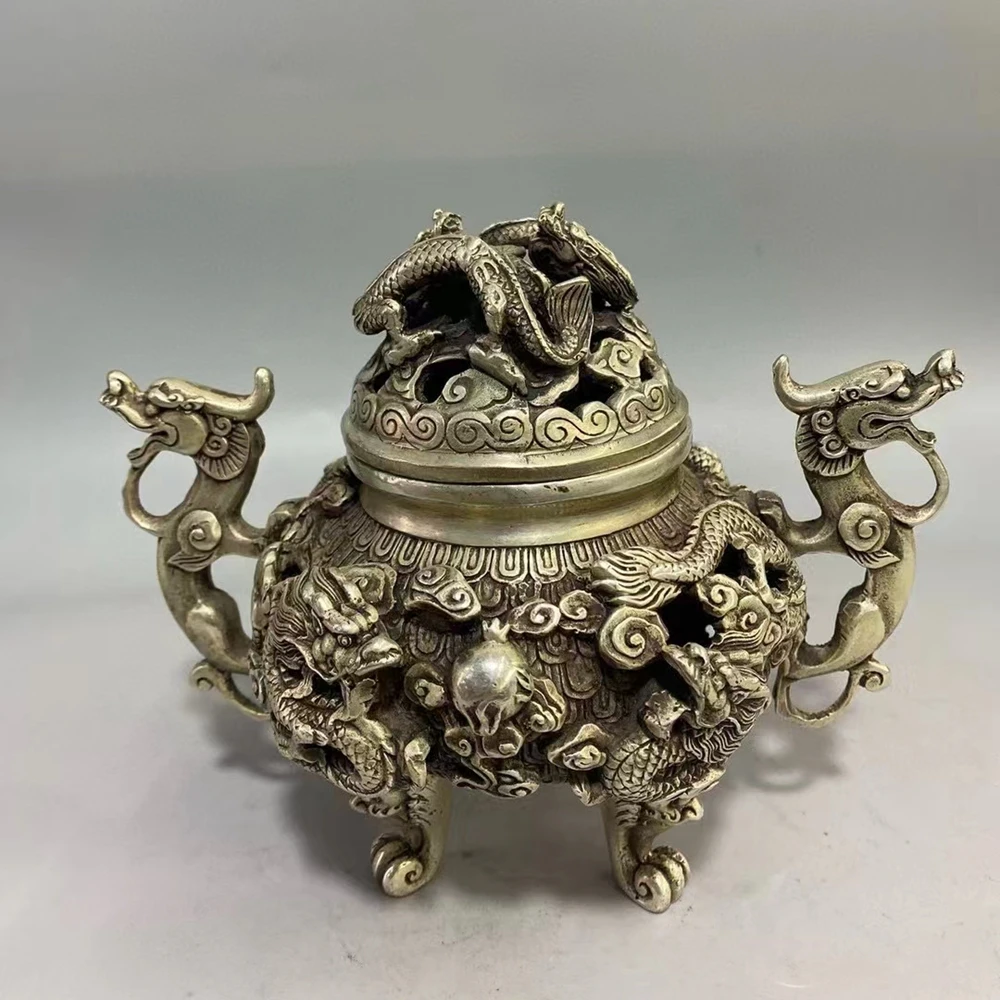 Vintage Home Decoration 9 Dragon Mascot Censer Tibetan Silver Incense Burner Incense Signed Bottom
Vintage Home Decoration 9 Dragon Mascot Censer Tibetan Silver Incense Burner Incense Signed Bottom