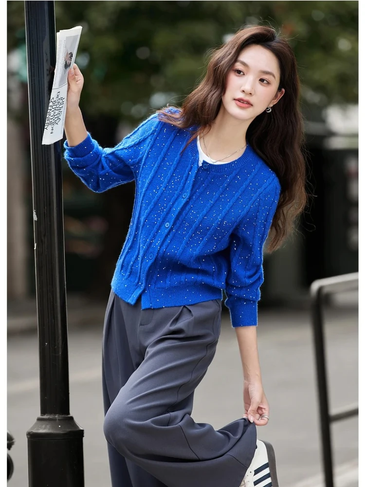 VIMLY Women's Knitted Cardigan Autumn 2025 Casual Long Sleeve Sequined Blue Lady Jumpers Round Neck Slim Fit Woman Sweater 75089
VIMLY Women's Knitted Cardigan Autumn 2025 Casual Long Sleeve Sequined Blue Lady Jumpers Round Neck Slim Fit Woman Sweater 75089
