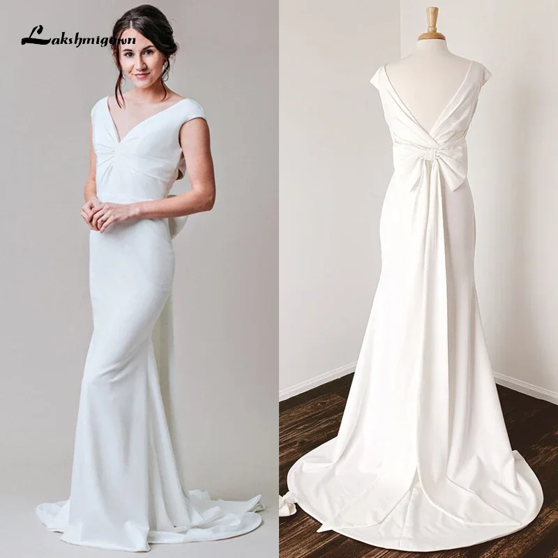 Simple V-neck Short Cap Sleeve Sexy Backless Lace Up Bow Mermaid Wedding Dresses Soft Satin Bridal Gowns Sweep robe de mariée
Simple V-neck Short Cap Sleeve Sexy Backless Lace Up Bow Mermaid Wedding Dresses Soft Satin Bridal Gowns Sweep robe de mariée