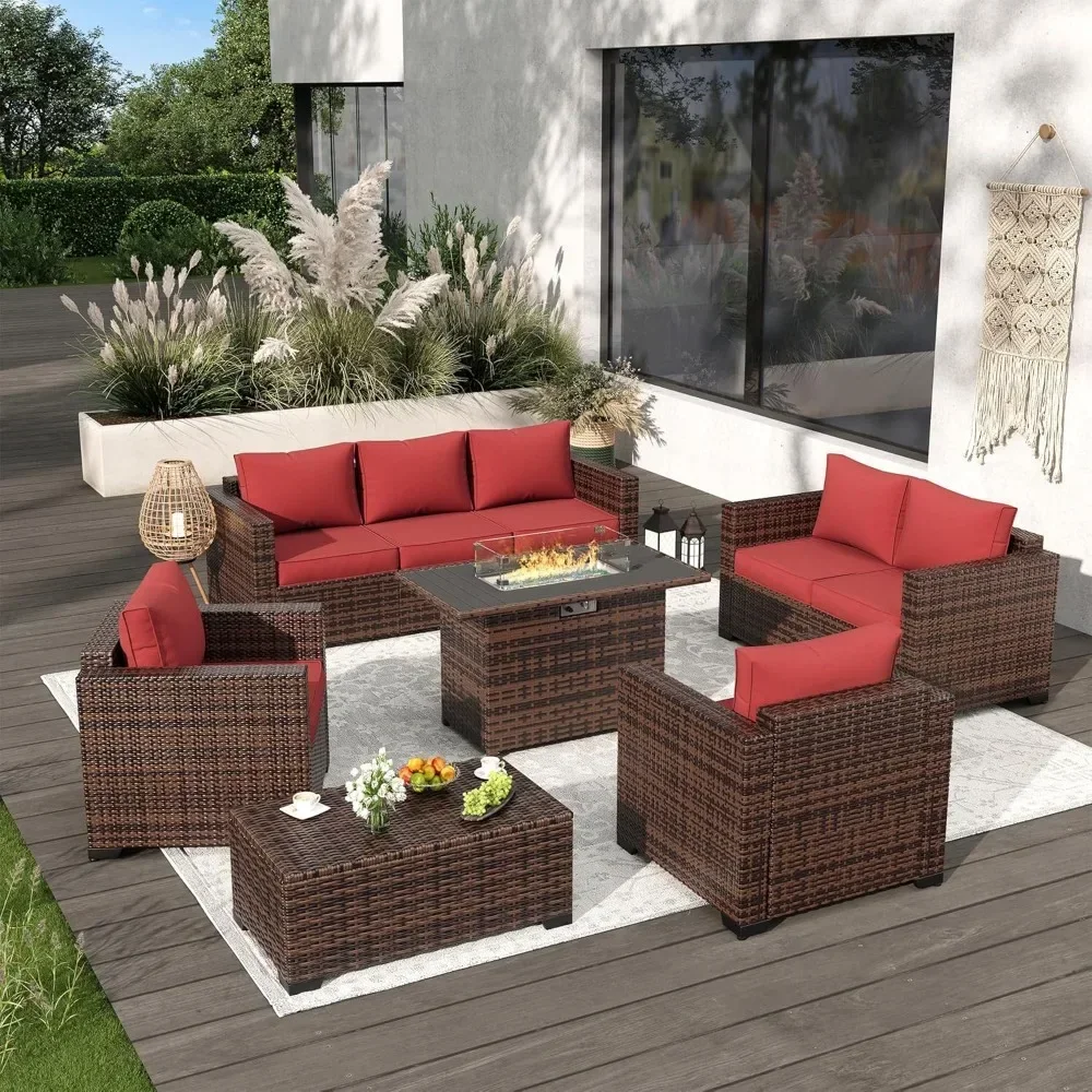 9-piece set of terrace furniture with 44 inch metal top fire pit table, outdoor willow terrace sofa, and storage table
9-piece set of terrace furniture with 44 inch metal top fire pit table, outdoor willow terrace sofa, and storage table