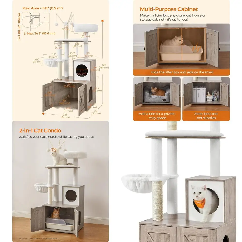Современный кошачий дерево-комплекс 2-в-1 (59 дюймов) с лотком для туалета, стойками для когтеточков, съемной подушкой, цвет серо-бежевый
Современный кошачий дерево-комплекс 2-в-1 (59 дюймов) с лотком для туалета, стойками для когтеточков, съемной подушкой, цвет серо-бежевый