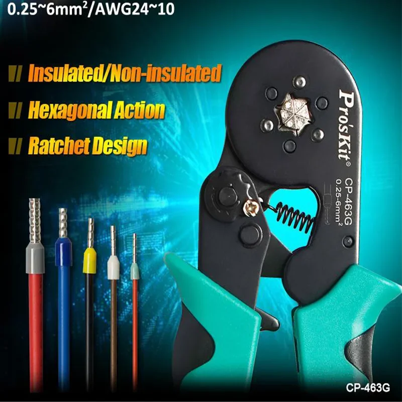 Pro`skit CP-463G Шестиугольная саморегулируемая трубка, европейские клещи для обжима клемм, щипцы для обжима проводов 0,25 ~ 6 мм/AWG 24 ~ 10
Pro`skit CP-463G Шестиугольная саморегулируемая трубка, европейские клещи для обжима клемм, щипцы для обжима проводов 0,25 ~ 6 мм/AWG 24 ~ 10