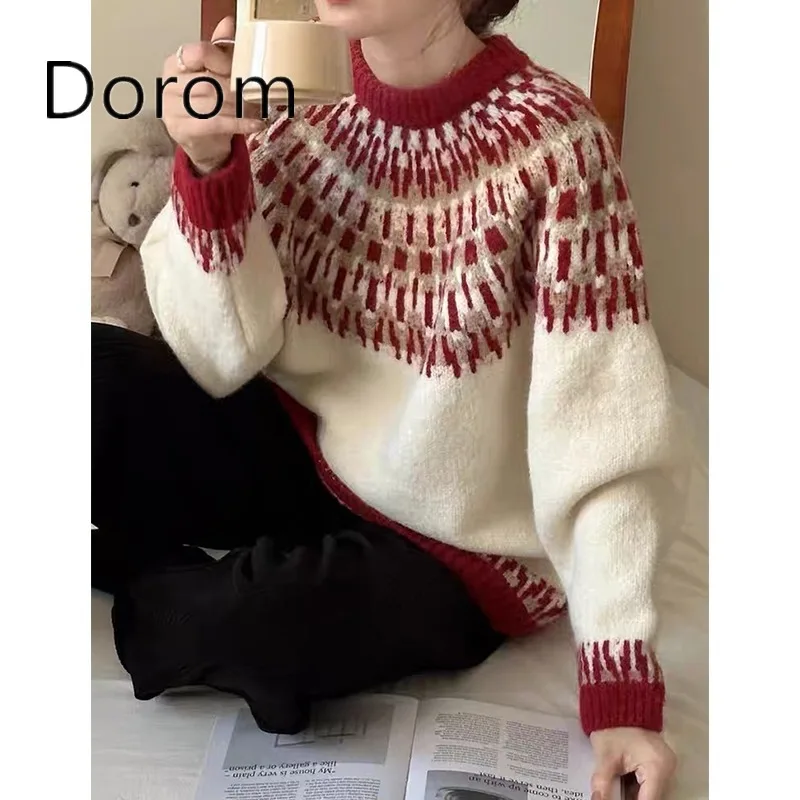 Vintage Red Jacquard National Style Knitted Sweater Women Japanese Mori Girl Loose Pullover Autumn Winter Casual Knitwear Tops
Vintage Red Jacquard National Style Knitted Sweater Women Japanese Mori Girl Loose Pullover Autumn Winter Casual Knitwear Tops