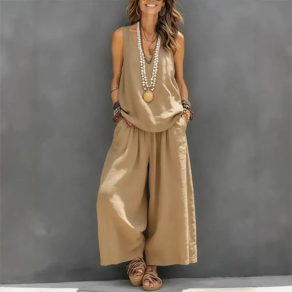 Casual Women Outfit Women's Summer Sleeveless Two-piece Set V Neck Top Wide Leg Pants Casual Vacation Lounge Outfit for Warm
Casual Women Outfit Women's Summer Sleeveless Two-piece Set V Neck Top Wide Leg Pants Casual Vacation Lounge Outfit for Warm
