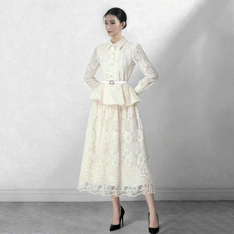 Elegant Lace Embroidery Big Swing Dresses Spring Women Long Sleeve with Belt Dress Autumn Female High Waist Knee Length Dress
Elegant Lace Embroidery Big Swing Dresses Spring Women Long Sleeve with Belt Dress Autumn Female High Waist Knee Length Dress