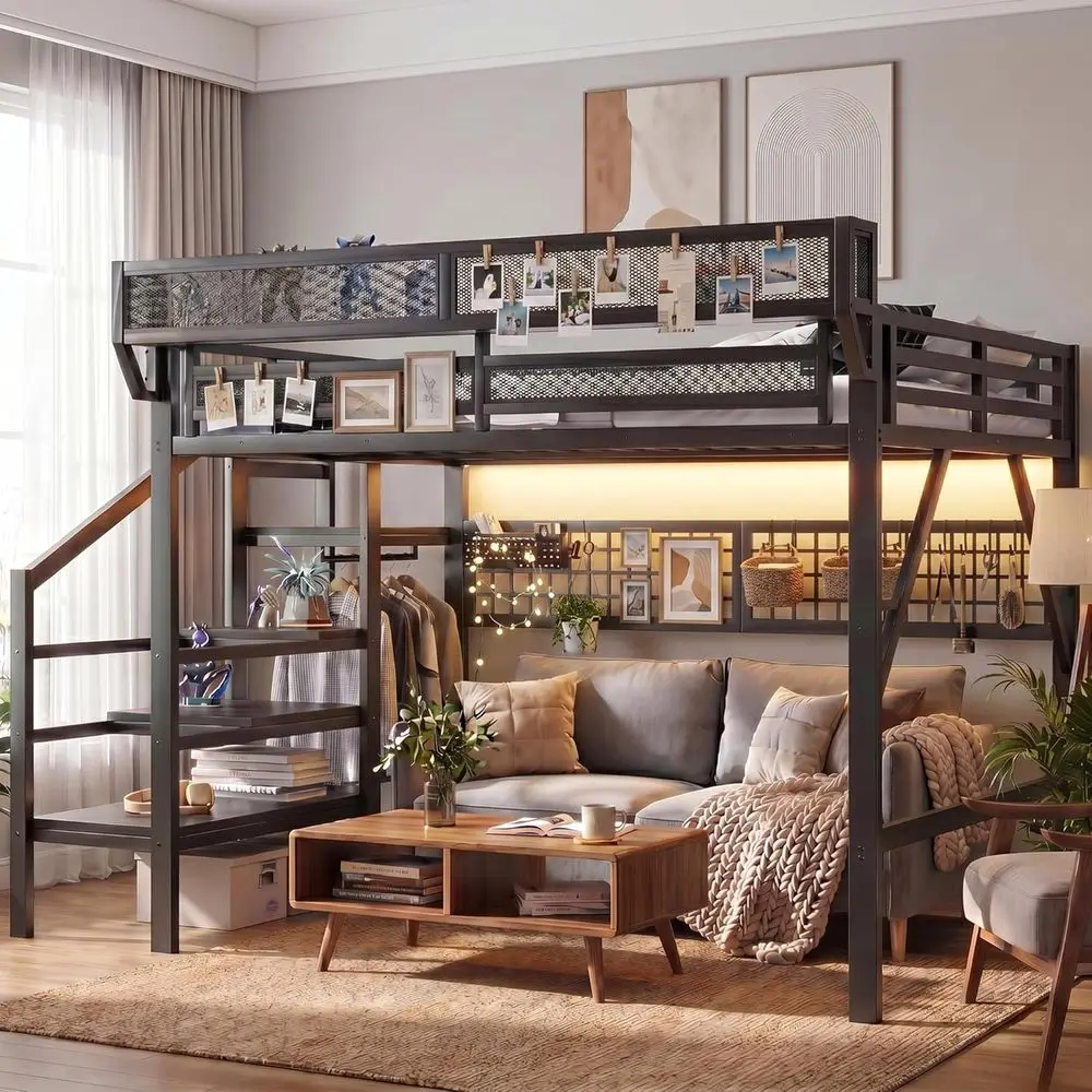 Stylish Metal Loft Bed with Stairs, LED Lights, Shelves, and Wardrobe for Adults or Kids
Stylish Metal Loft Bed with Stairs, LED Lights, Shelves, and Wardrobe for Adults or Kids