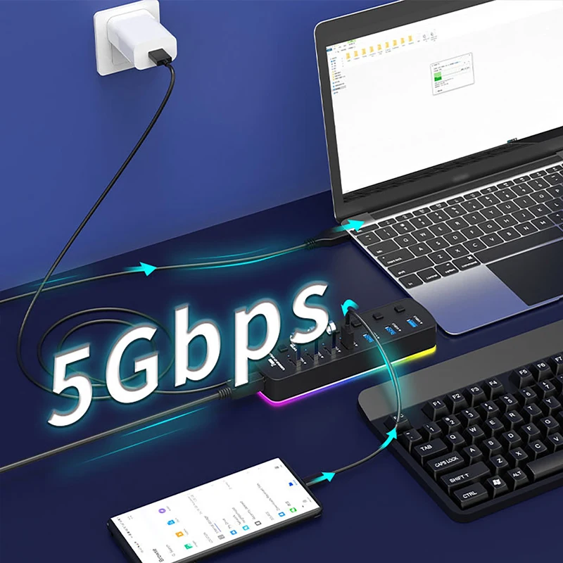 RGB USB 3.0 Hub 7 Ports USB3.0 Data Port Adapter 5Gbps High Speed Individual On/Off Switch Splitter USB Extension Hub