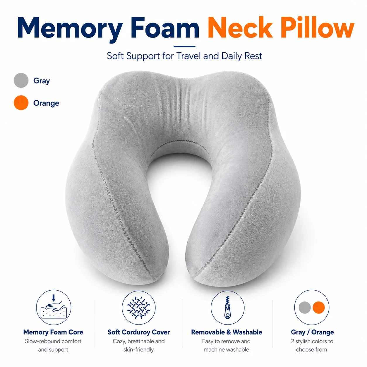 Ergonomic Memory Foam Neck Pillow for Travel, Soft Corduroy Headrest Cushion
Ergonomic Memory Foam Neck Pillow for Travel, Soft Corduroy Headrest Cushion