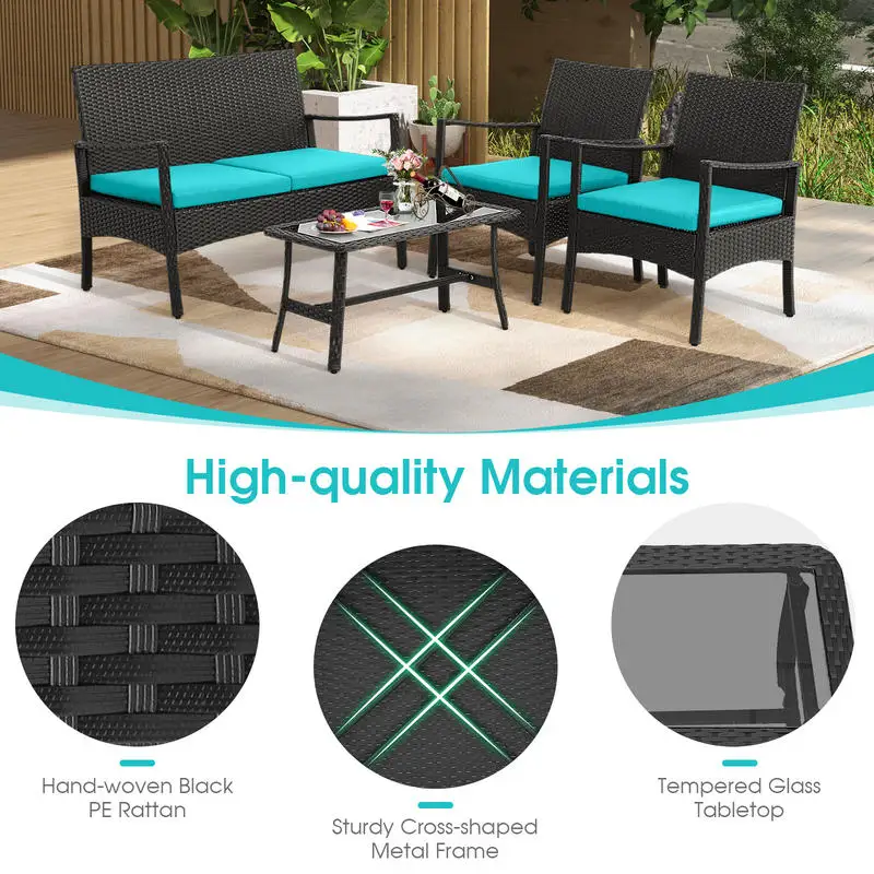 4 Pieces Rattan Conversation Set with Tempered Glass Coffee Table-Turquoise
4 Pieces Rattan Conversation Set with Tempered Glass Coffee Table-Turquoise