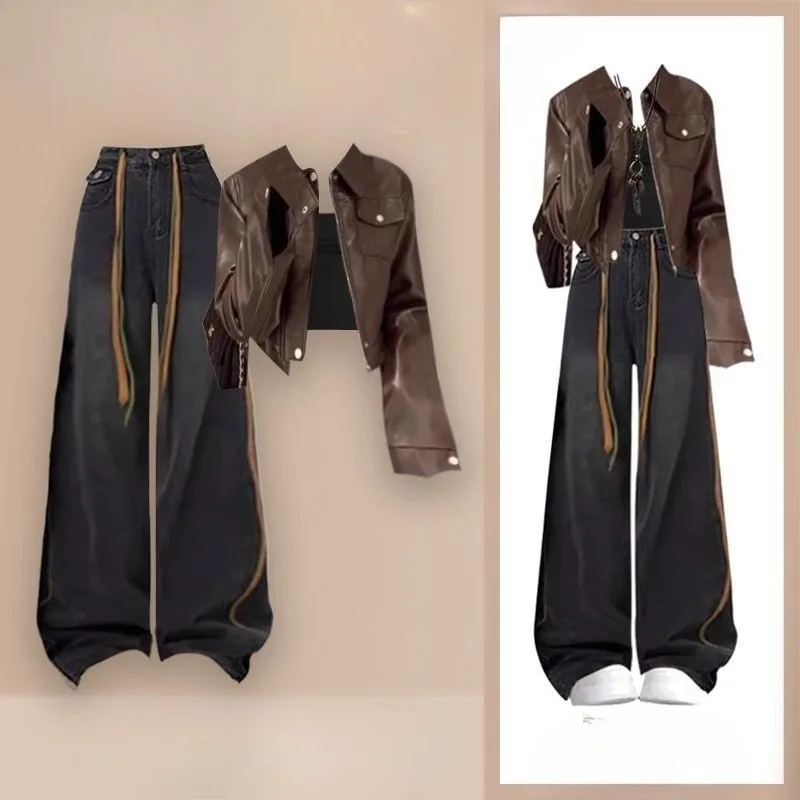 For Autumn and Winter Wear Complete Set New Maillard Faux Leather Jackets Coats and Skinny Jeans Casual Fashion Two-piece Dress
For Autumn and Winter Wear Complete Set New Maillard Faux Leather Jackets Coats and Skinny Jeans Casual Fashion Two-piece Dress