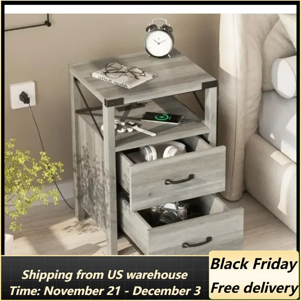 Nightstand with Charging Station, Gray Side Table with 2 Drawers Storage, Bedside Tables
Nightstand with Charging Station, Gray Side Table with 2 Drawers Storage, Bedside Tables