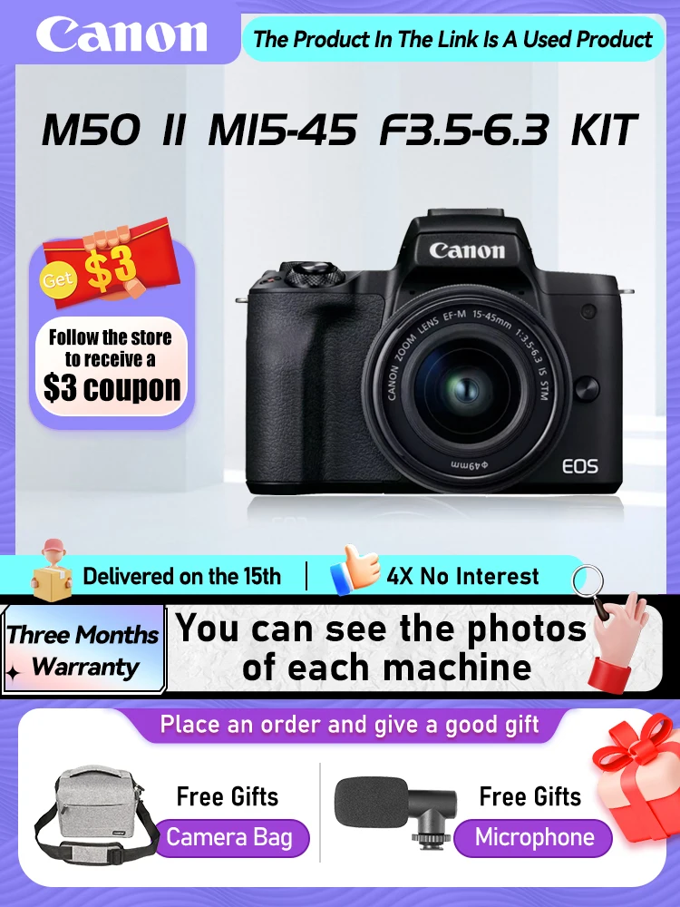 Canon EOS M50 II Kit APS-C Mirrorless Camera Compact Professional Photographer Photography 4K Video Cameras 24.10MP M50II(Used)
Canon EOS M50 II Kit APS-C Mirrorless Camera Compact Professional Photographer Photography 4K Video Cameras 24.10MP M50II(Used)