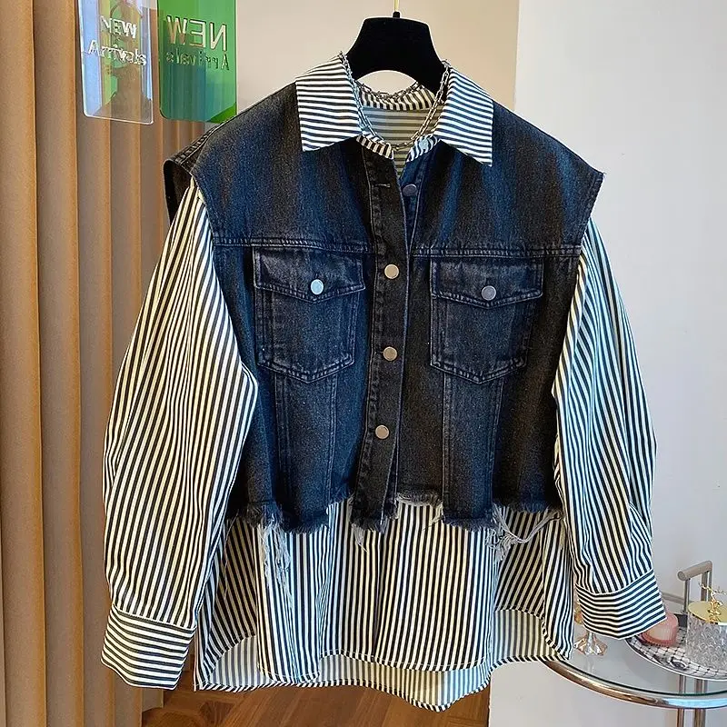 2023 Autumn Women's New Vintage Spliced Denim Stripe Shirt Fake Two Casual Tops Blouses Shirts Blouses Oversized Shirt Tops
2023 Autumn Women's New Vintage Spliced Denim Stripe Shirt Fake Two Casual Tops Blouses Shirts Blouses Oversized Shirt Tops