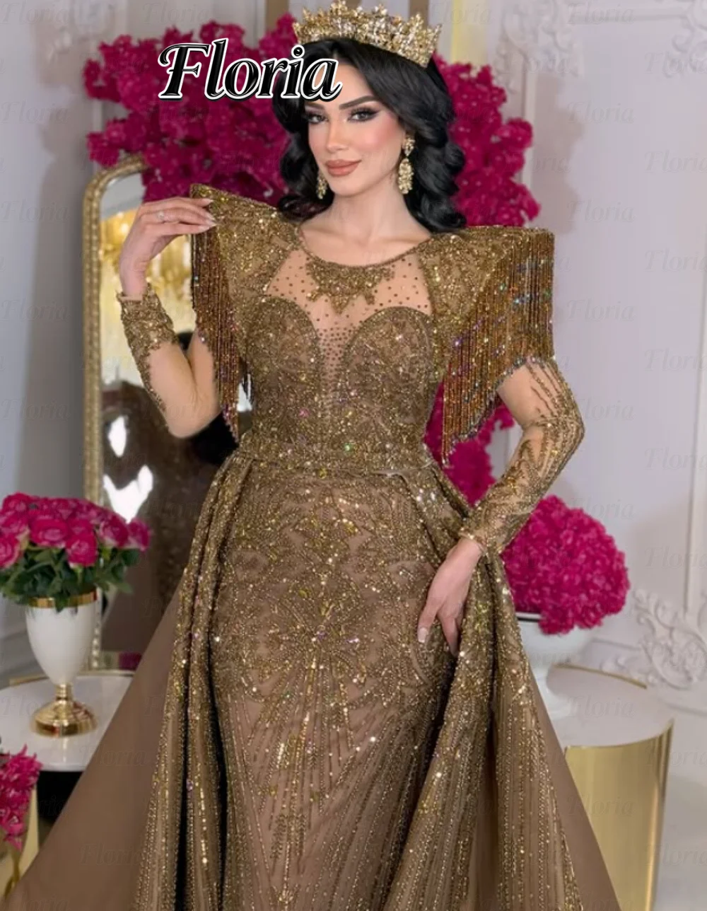 Middle East Brown Beaded Prom Dresses Detachable Skirt Tassel Long Sleeves Evening Dresses For Wedding Customized Party Gowns
Middle East Brown Beaded Prom Dresses Detachable Skirt Tassel Long Sleeves Evening Dresses For Wedding Customized Party Gowns