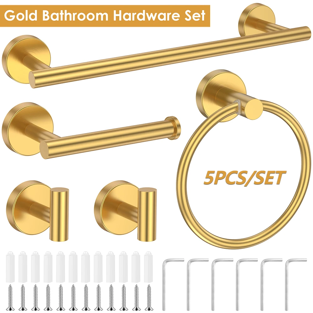 5Pcs Gold Bathroom Hardware Set Stainless Steel Modern Bathroom Hardware Accessory Towel Bar Ring Toilet Paper Holder Robe Hook
5Pcs Gold Bathroom Hardware Set Stainless Steel Modern Bathroom Hardware Accessory Towel Bar Ring Toilet Paper Holder Robe Hook
