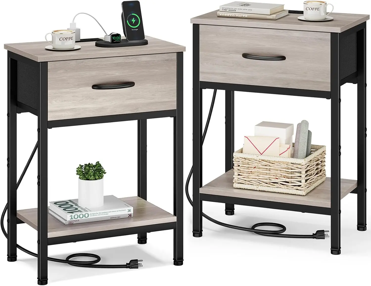 2-Piece Nightstand Set with Charging Station, Fabric Drawer & 2-Tier Shelves, 25.4" Tall Bedside Table for Bedroom Living Room, Greige
2-Piece Nightstand Set with Charging Station, Fabric Drawer & 2-Tier Shelves, 25.4" Tall Bedside Table for Bedroom Living Room, Greige