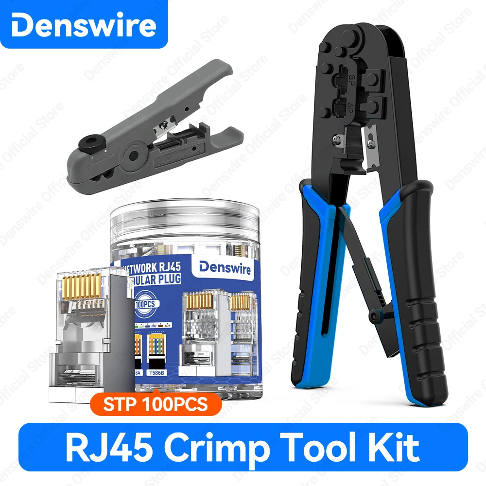 Denswire RJ45 Crimping Tool Kit Ethernet Crimp Set RJ-11,6P/RJ-12, 8P Cut & Strip Ethernet Crimper with CAT6 Plug Wire Stripper