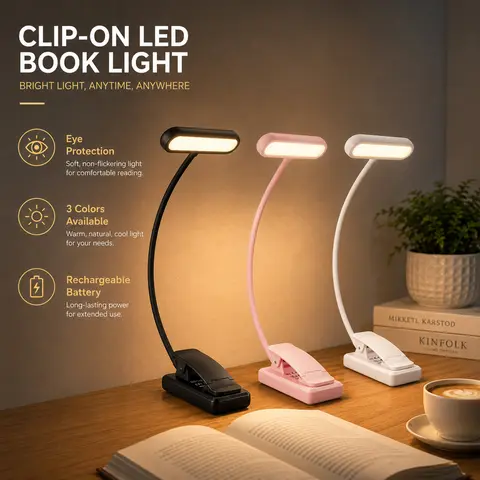2PCS LED USB Rechargeable Book Light 3 Color Modes Warm Cool White Daylight Portable Adjustable Flexible Gooseneck Sturdy Clip On Reading Lamp Bedside Night Light Cordless Desk Lamp Soft Light for Bedroom Study Office Travel Dorm Camping Living Room