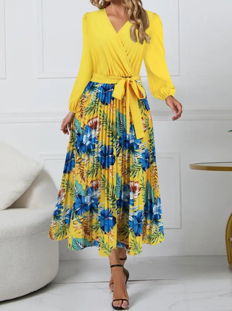 Casual Women's Dresses Temperament V-Neck Printed Long Sleeved High Waisted Drawstring Tied Slim Pleated Skirt Long Midi Dresses
Casual Women's Dresses Temperament V-Neck Printed Long Sleeved High Waisted Drawstring Tied Slim Pleated Skirt Long Midi Dresses