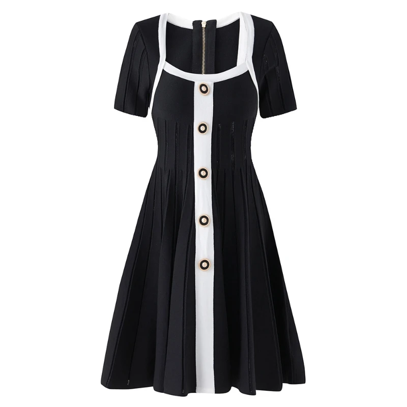 Vintage Spliced Button Knitted Dresses For Women Square Collar Short Sleeve High Waist Temperament Dress Female Fashion
Vintage Spliced Button Knitted Dresses For Women Square Collar Short Sleeve High Waist Temperament Dress Female Fashion