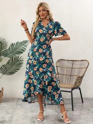 Women's Navy Floral Print Wrap Midi Dress, V Neck Short Puff Sleeve High Slit Ruffle Hem Sundress, Casual Beach Wear
Women's Navy Floral Print Wrap Midi Dress, V Neck Short Puff Sleeve High Slit Ruffle Hem Sundress, Casual Beach Wear