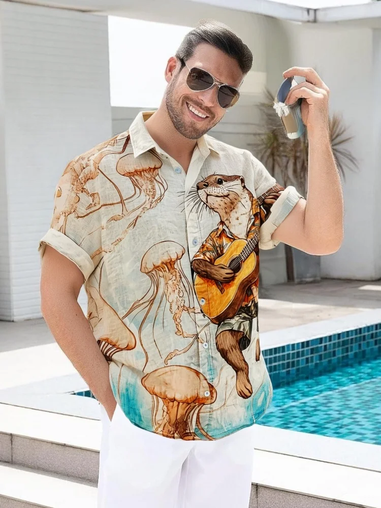 Men's Lapel Collar Holiday Shirts Vintage Otter Plays Guitar For Jellyfish Art Print Casual Shirt Oversized 2025 Summer Chic Top
Men's Lapel Collar Holiday Shirts Vintage Otter Plays Guitar For Jellyfish Art Print Casual Shirt Oversized 2025 Summer Chic Top