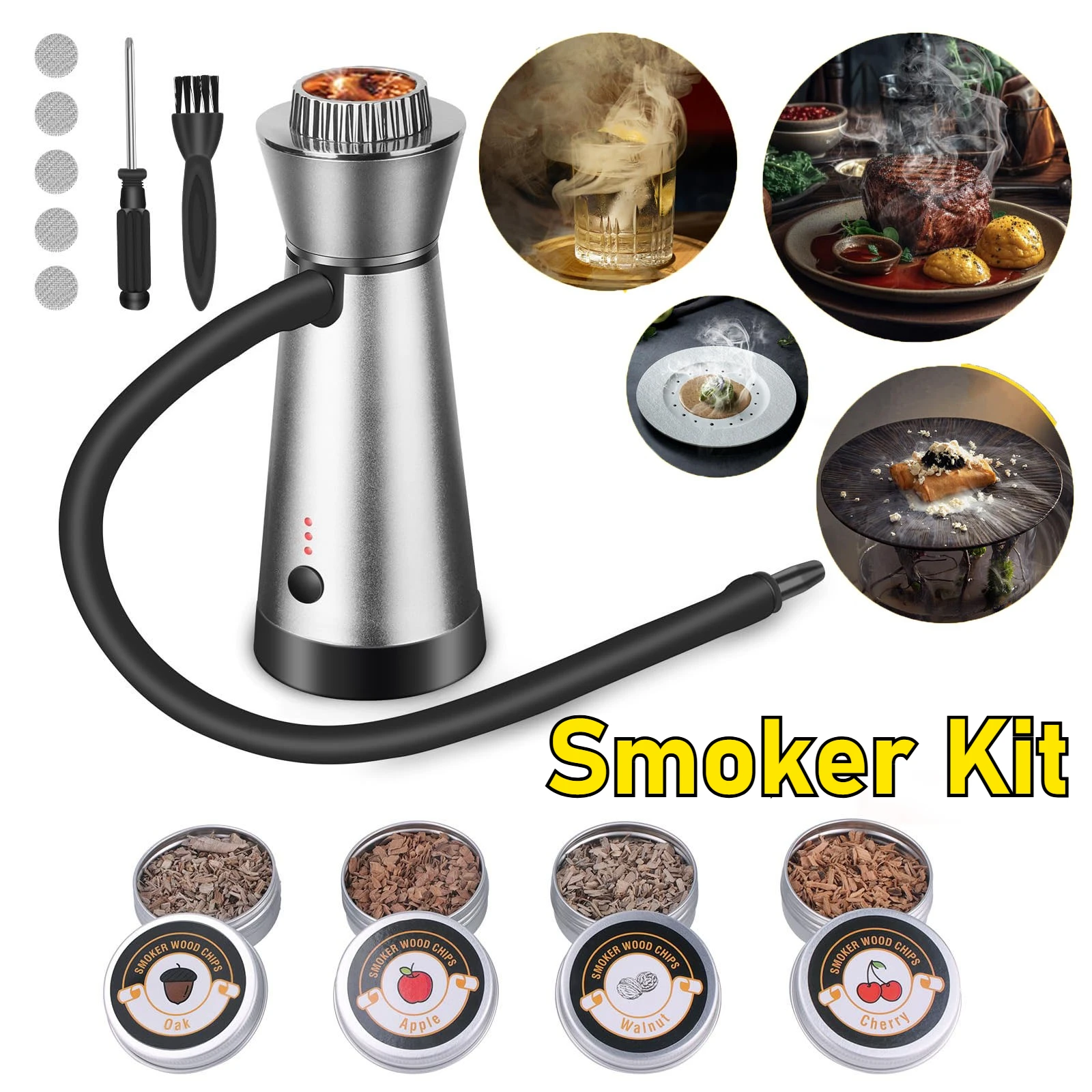 Adjustable Smoker Kit with 4 Flavor Wood Chips Black/Silver for Whiskey or Steak Gift for Men Dads and Husbands Kitchen Tool
Adjustable Smoker Kit with 4 Flavor Wood Chips Black/Silver for Whiskey or Steak Gift for Men Dads and Husbands Kitchen Tool