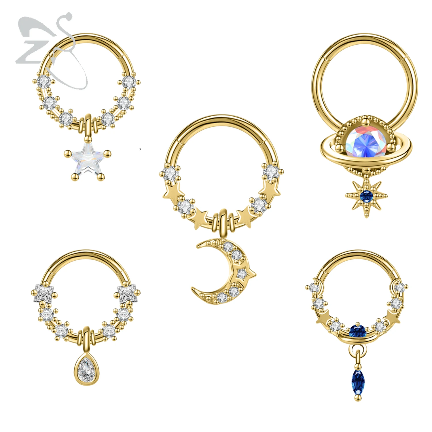 ZS 1PC 16G Gold Plated Dangle Nose Ring Copper Zircon Septum Clicker Star Moon Nose Piercings Ear Helix Daith Tragus Piercings
ZS 1PC 16G Gold Plated Dangle Nose Ring Copper Zircon Septum Clicker Star Moon Nose Piercings Ear Helix Daith Tragus Piercings