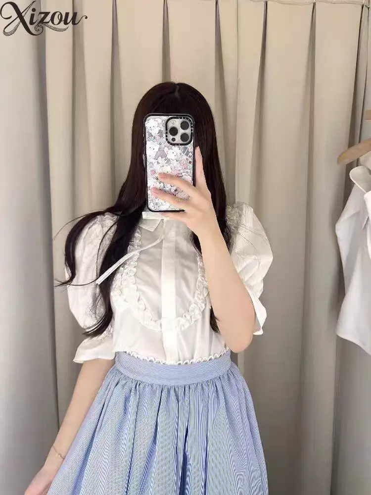 2026 Summer Japanese Sweet Bubble Sleeve Shirt Women Ruffled Collar Bow Tie Short Sleeve Blouse Cute Elegant Office Lady Top
2026 Summer Japanese Sweet Bubble Sleeve Shirt Women Ruffled Collar Bow Tie Short Sleeve Blouse Cute Elegant Office Lady Top