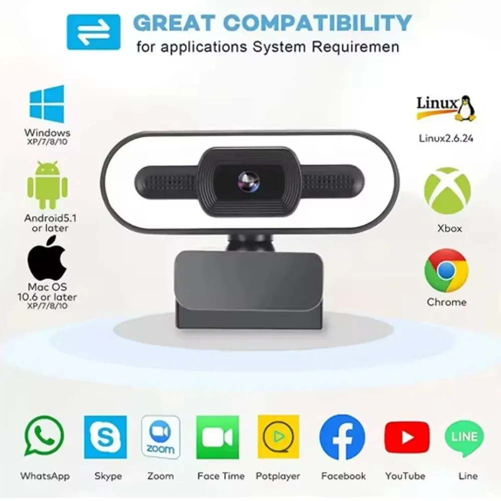 HD 1080P 2K 4K Webcam USB Laptop Auto Focus Webcam Live Streaming Flexible with Microphone Live Broadcast withLight
HD 1080P 2K 4K Webcam USB Laptop Auto Focus Webcam Live Streaming Flexible with Microphone Live Broadcast withLight