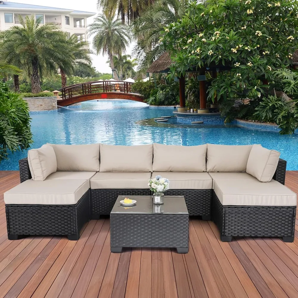 7 Pieces Outdoor PE Wicker Furniture Set with Khaki Cushions and Glass Top Table. Patio Rattan Sectional Conversation Sofa Set
7 Pieces Outdoor PE Wicker Furniture Set with Khaki Cushions and Glass Top Table. Patio Rattan Sectional Conversation Sofa Set