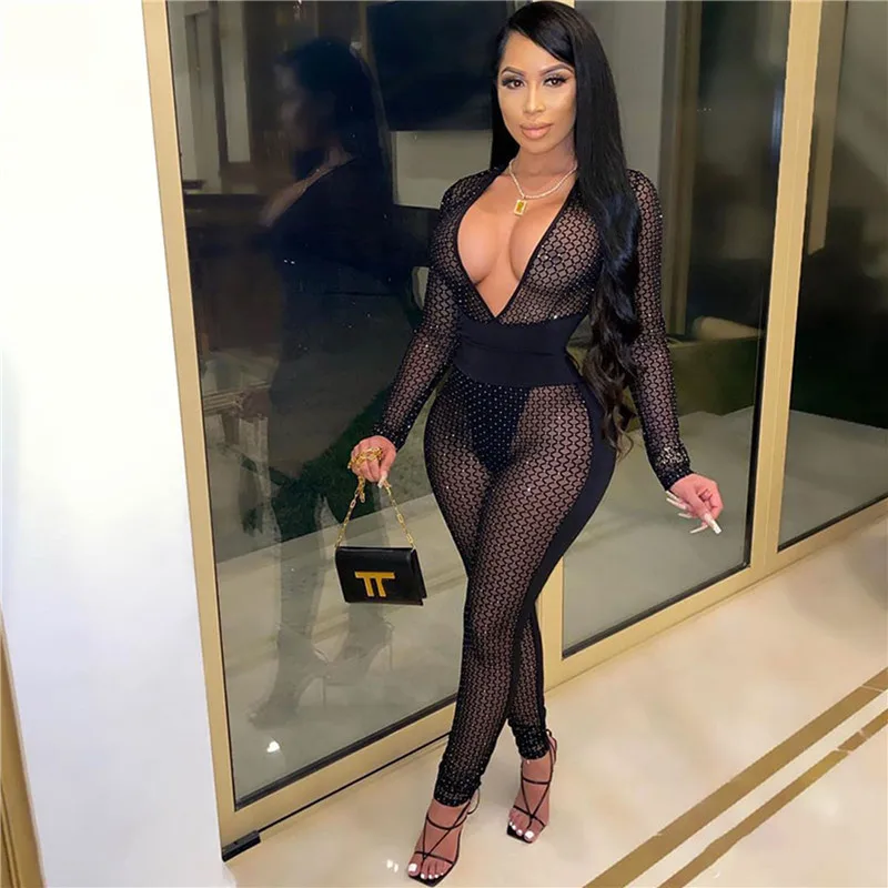 Deep V Neck Diamonds Women Jumpsuits Black Long Sleeve Mesh Patchwork See Through Bodycon Rompers Sexy Nightclub Party Overalls
Deep V Neck Diamonds Women Jumpsuits Black Long Sleeve Mesh Patchwork See Through Bodycon Rompers Sexy Nightclub Party Overalls