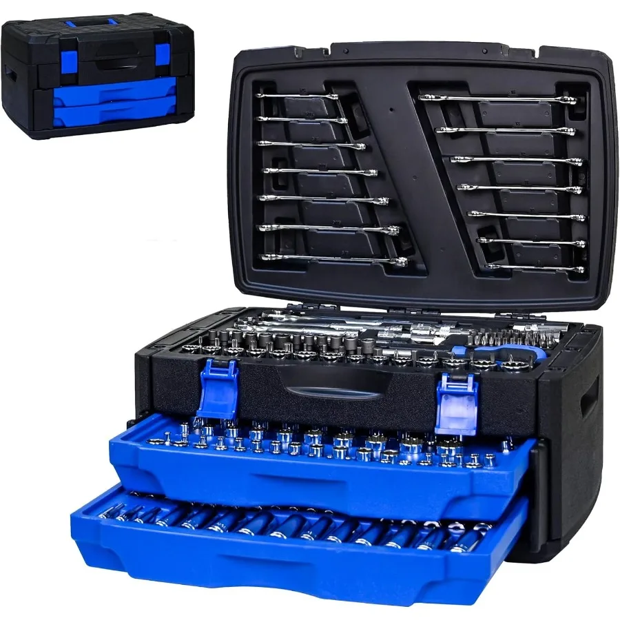 266-Piece Mechanics Tool Set Household Tool Kit with Drawer Portable Tool Box for Home Auto Repair Diyer and Handyman Black Blu
266-Piece Mechanics Tool Set Household Tool Kit with Drawer Portable Tool Box for Home Auto Repair Diyer and Handyman Black Blu