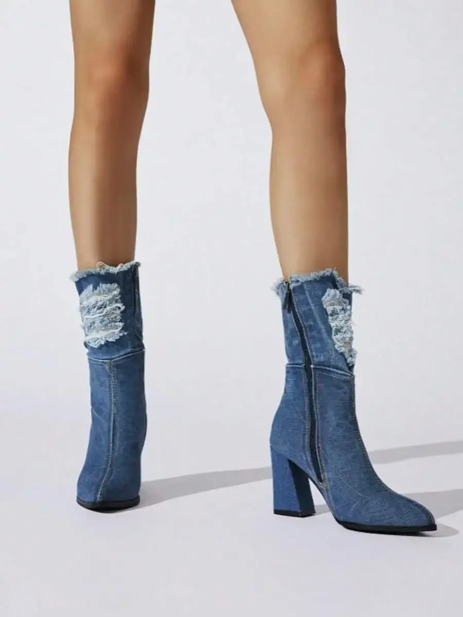 Denim Ankle Boots Women Pointed Toe Chunky High Heel Side Zipper
Denim Ankle Boots Women Pointed Toe Chunky High Heel Side Zipper