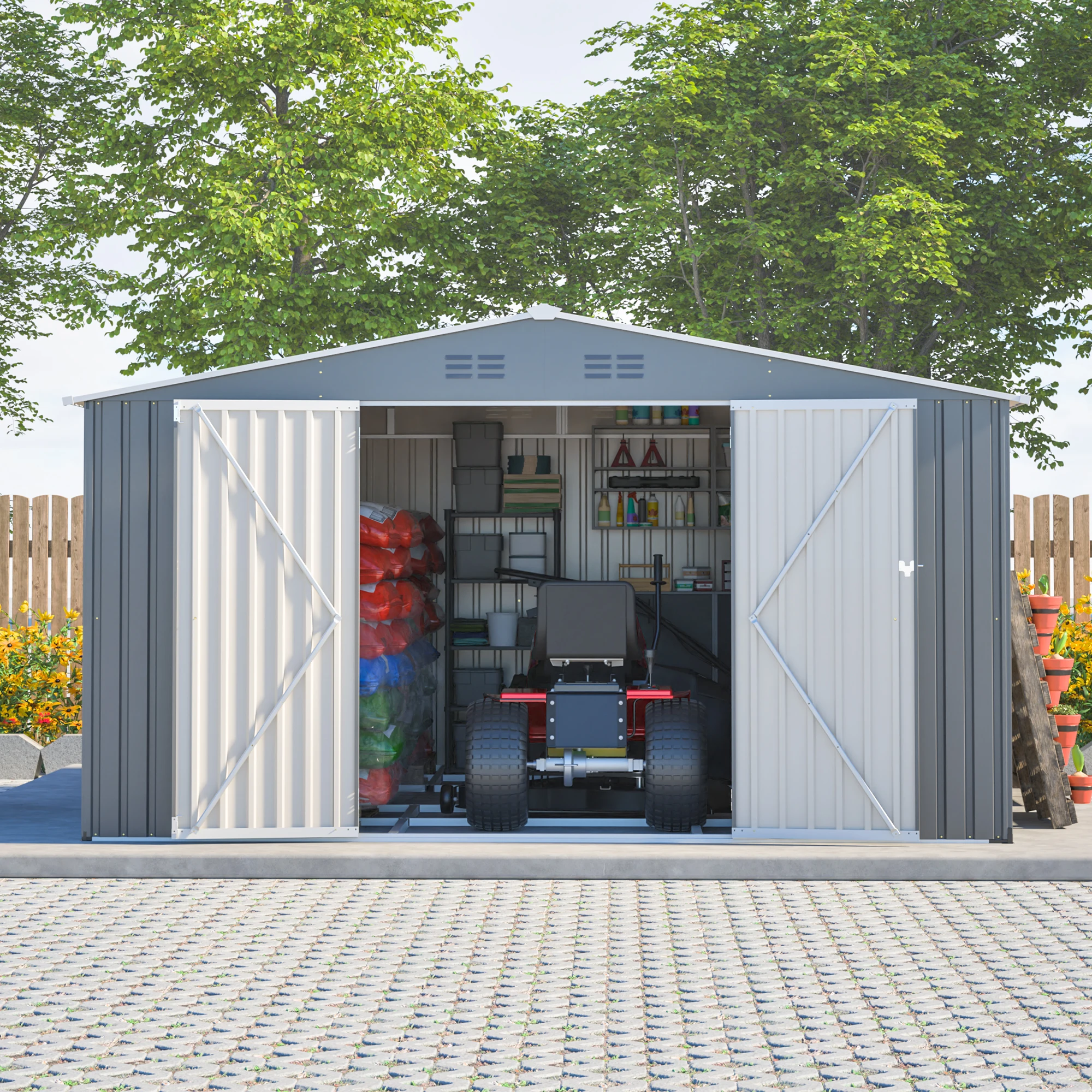 145'×164'×80' Galvanized Steel Outdoor Storage Shed, Lockable Double Doors, Sloped Roof Design, Waterproof & Rust Resistant Utility Building for Garden, Yard and Patio
145'×164'×80' Galvanized Steel Outdoor Storage Shed, Lockable Double Doors, Sloped Roof Design, Waterproof & Rust Resistant Utility Building for Garden, Yard and Patio
